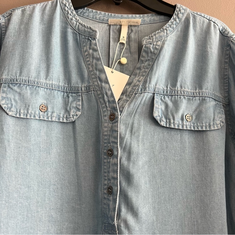 Hester & Orchard Women’s Shirt Tencel Button Slit Neck Blue Fringe Hem Small - Picture 3 of 16